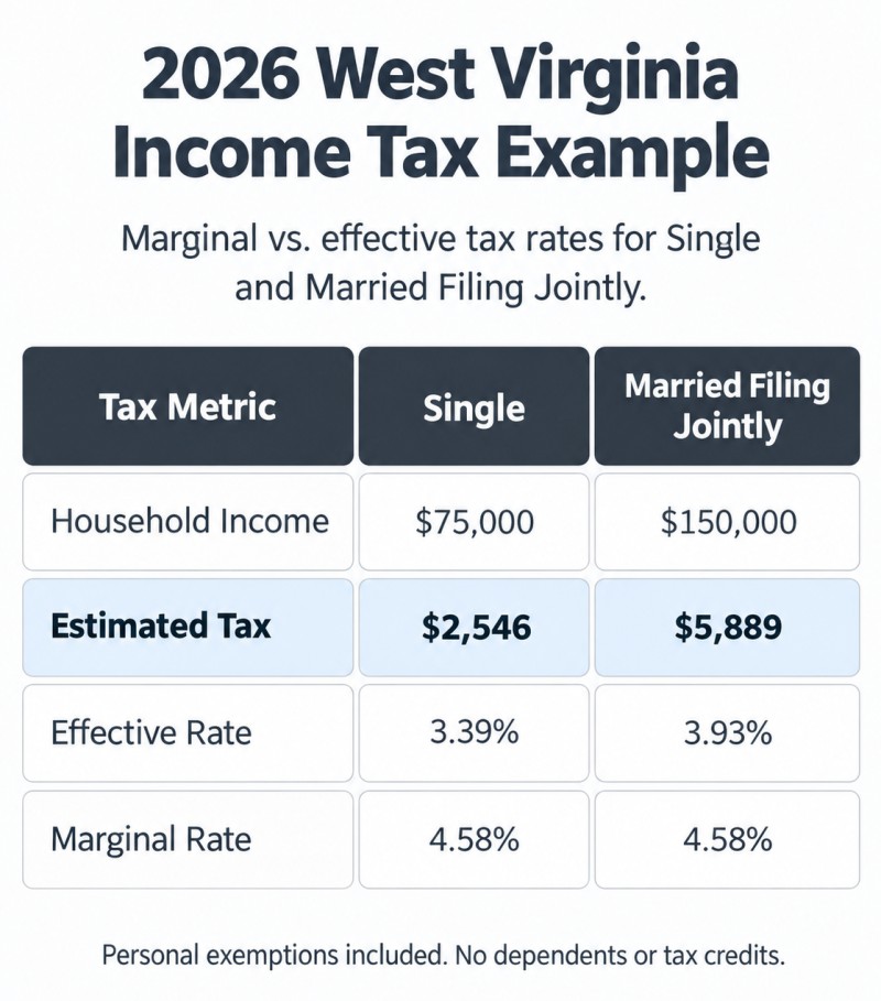 2026 West Virginia income tax comparison: Single at $75,000 has a 3.39% effective rate and 4.58% marginal rate. Married Filing Jointly at $150,000 has a 3.93% effective rate and 4.58% marginal rate.