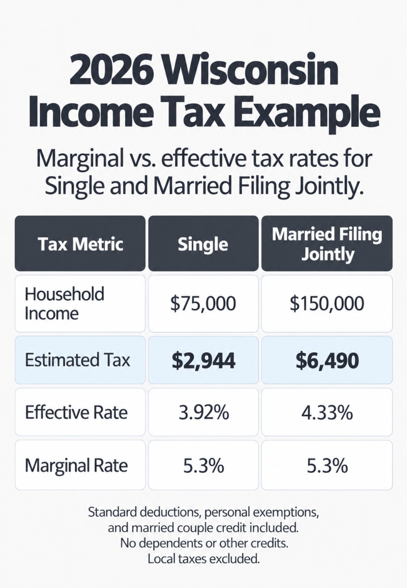 2026 Wisconsin income tax comparison: Single at $75,000 has a 3.92% effective rate and 5.3% marginal rate. Married Filing Jointly at $150,000 has a 4.33% effective rate and 5.3% marginal rate.